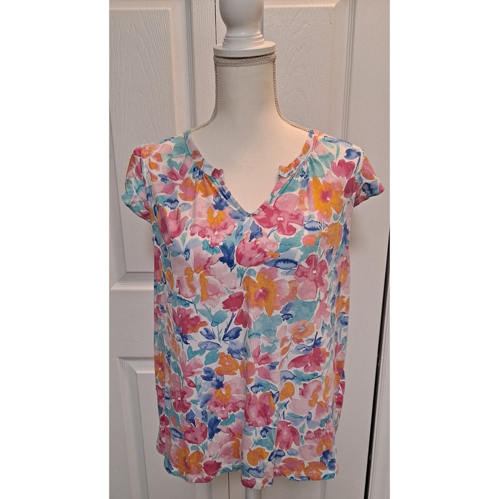Lauren Ralph Lauren Shirt‎ Womens L Floral Embroidered Monogram Ruffled Sleeve